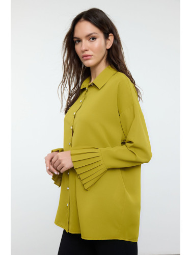 Trendyol Oil Green Thin Belted Ruffle Woven Shirt