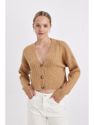 DEFACTO Regular Fit V Neck Basic Plain Button Closure Knitwear Cardigan