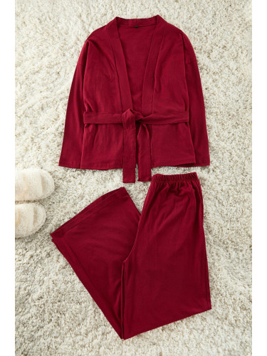 Trendyol Burgundy Belted Cotton Knitted Pajama Set