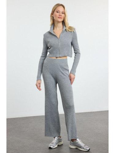 Trendyol Gray Draped Detailed Zippered Knitwear Top-Bottom Set