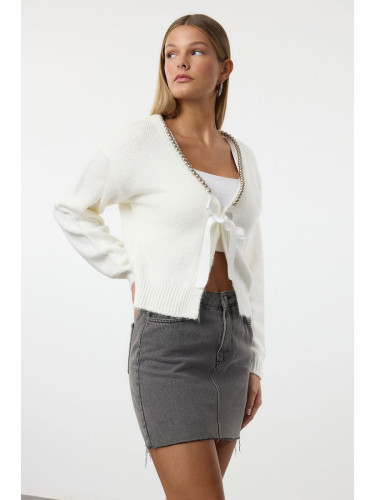 Trendyol Ecru Soft Texture Ribbon Detailed Knitwear Cardigan