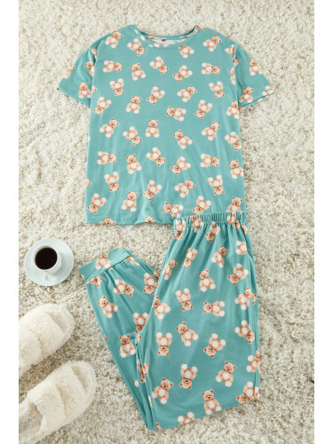 Trendyol Curve Mint Teddy Bear Patterned Jogger Fit Knitted Pajama Set