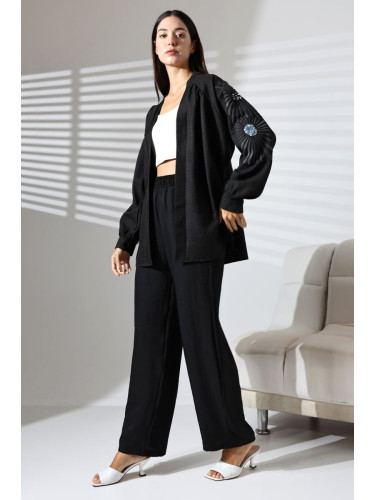 Trendyol Black Embroidered Kimono-Pants Woven Bottom-Top Set