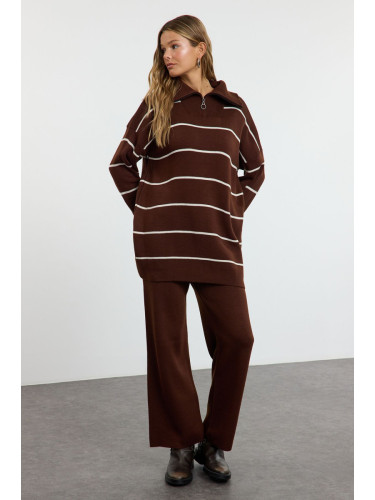 Trendyol Brown Comfortable Striped Knitwear Bottom-Top Set