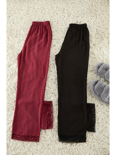 Trendyol Black-Burgundy 2-Pack Lace Detailed Viscose Woven Pajama Bottoms