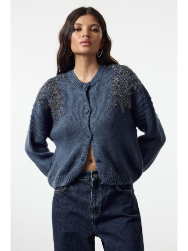 Trendyol Indigo Oversize/Wide Pattern Soft Texture Shiny Glitter Embroidered Knitwear Cardigan