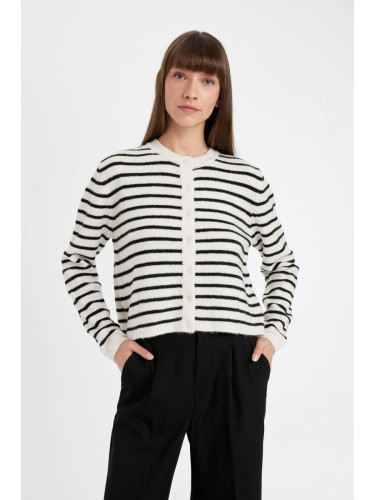 DEFACTO Regular Fit Crew Neck Striped Button Closure Knitwear Cardigan