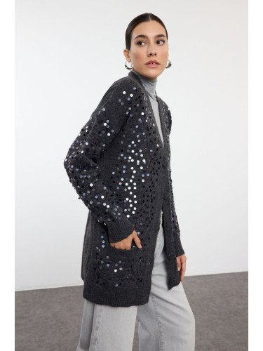 Trendyol Anthracite Wool Sequin Embroidered Knitted Cardigan