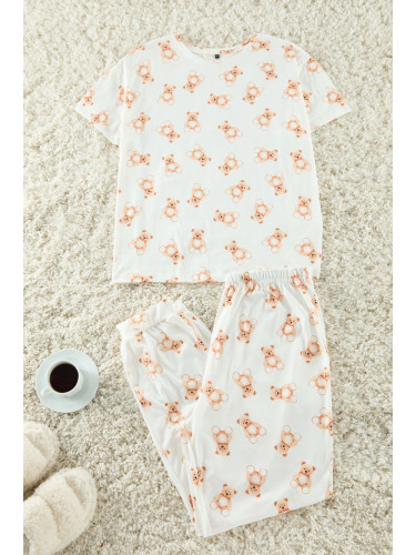 Trendyol Curve Ecru Teddy Bear Patterned Jogger Fit Knitted Pajama Set