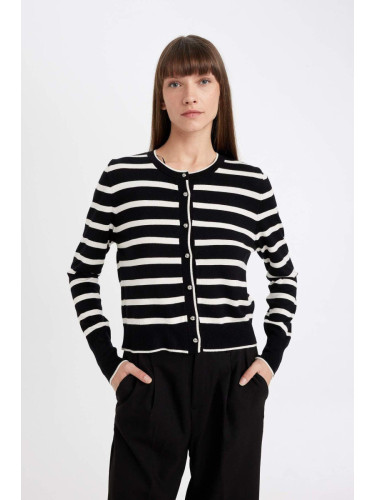 DEFACTO Regular Fit Striped Crew Neck Button Closure Knitwear Cardigan