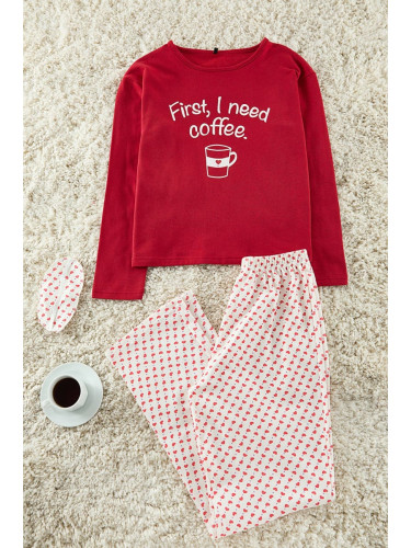 Trendyol Red Cotton Heart Slogan Printed Knitted Pajama Set