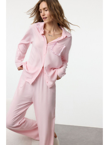 Trendyol Pink Frilled Pocket Detailed Viscose Woven Pajama Set