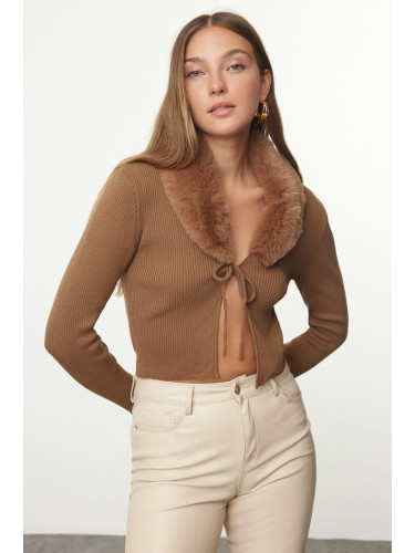 Trendyol Mink Faux Für Collar Tie Detail Knitted Cardigan