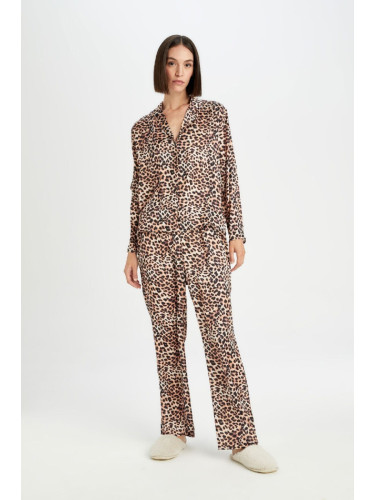 DEFACTO Women's Fall In Love Leopard Print Long Sleeve Top Bottom Satin Pajama Set