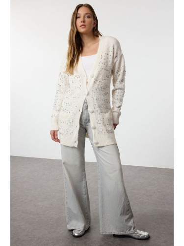 Trendyol Stone Wool Sequin Embroidered Knitwear Cardigan