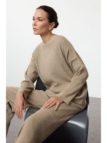 Trendyol Beige Basic Crew Neck Knitwear Bottom-Top Set