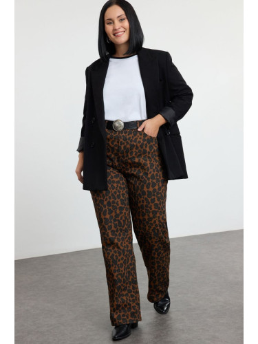 Trendyol Curve Brown High Waist Leopard Patterned Straight Fit Plus Size Jeans