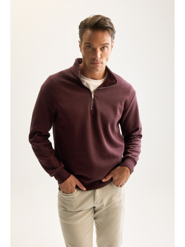 DEFACTO Men's Burgundy 3 Thread Cotton Raised Polar Fleece Regular Fit Stand Collar Zippered Thick Sweatshirt