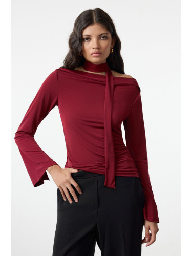 Trendyol Burgundy Shawl Detailed Fitted/Fits on the Body Flexible Knitted Blouse