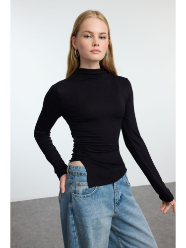 Trendyol Black Fitted Ruffle/Drape Detailed High Collar Knitted Blouse