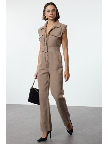 Trendyol Beige Belted Shirt Collar Button Detailed Tweed Woven Overalls