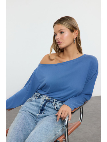 Trendyol More Sustainable Indigo 100% Modal Fabric Boat Neck Relaxed/Comfortable Cut Knitted Blouse