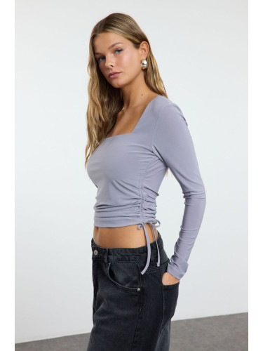 Trendyol Gray Square Neck Gather Detailed Fitted Crop Stretchy Knitted Knitted Blouse