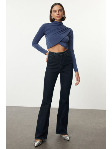 Trendyol Indigo High Collar Draped Crop Blouse