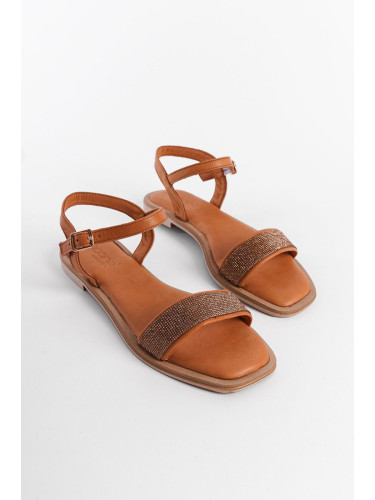 Capone Outfitters Genuine Leather Stoned Single Strap Flat Heeled Women's Sandals