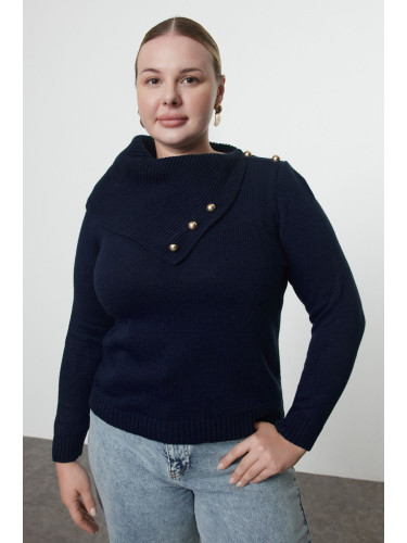 Trendyol Curve Navy Blue Wide Turtleneck Buttoned Knitwear Sweater