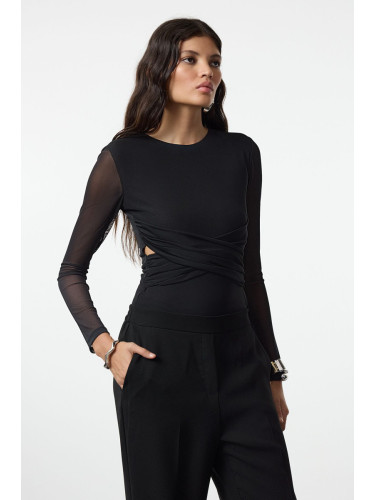 Trendyol Black Cut Out/Window Detailed Tulle Knit Bodysuit