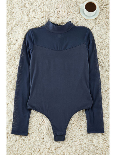 Trendyol Navy Blue Cotton Tulle Detailed Long Sleeve Snap Knit Bodysuit