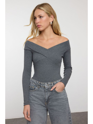 Trendyol Dark Gray Snap-On Carmen Collar Ribbed Stretchy Knitted Bodysuit