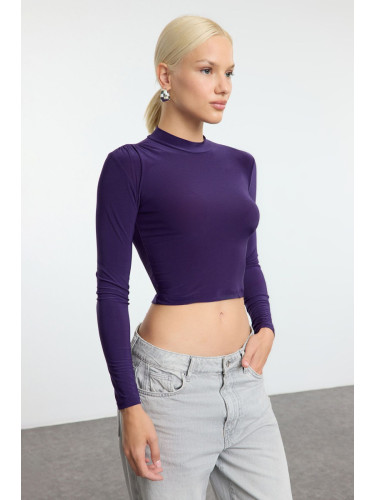 Trendyol Purple Sleeve Gather Detailed Fitted High Collar Crop Stretchy Knitted Blouse