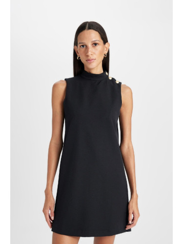 DEFACTO Half Turtleneck Basic Plain Button Detail Sleeveless Mini Black Dress