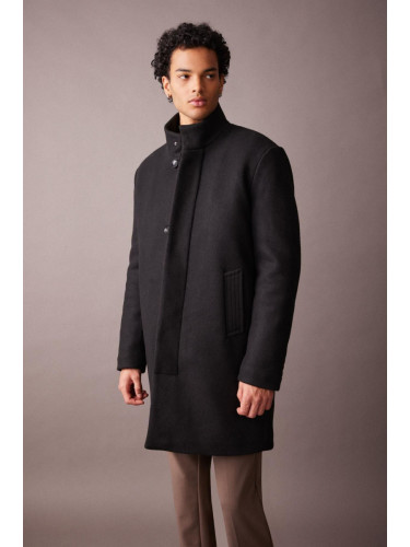 DEFACTO Black Regular Fit Stand Collar Buttoned Pocket Cashmere Coat Parka