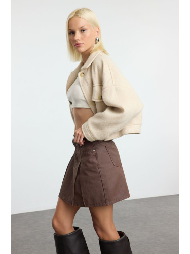 Trendyol Brown Leather Coated Waxed Pleated Mini Denim Skater Skirt