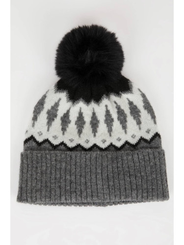 DEFACTO Women's Jacquard Pompom Beanie