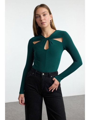 Trendyol Emerald Green Cut Out and Gathered Detailed Fitted/Fits Body Elastic Snap Knit Bodysuit