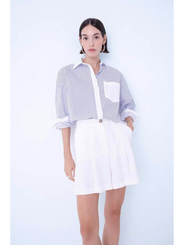 DEFACTO Oversize Wide Pattern Striped Pocket Buttoned Poplin Long Sleeve Shirt