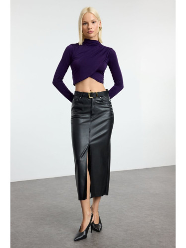 Trendyol Purple High Collar Draped Crop Knitted Blouse