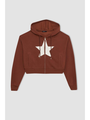 DEFACTO Coool Loose Fit Hooded Printed Thick Fabric Kangaroo Pocket Zippered Sweatshirt