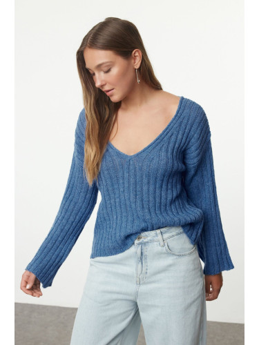 Trendyol Dark Blue Wool Wide Fit Crop Basic Knitwear Sweater