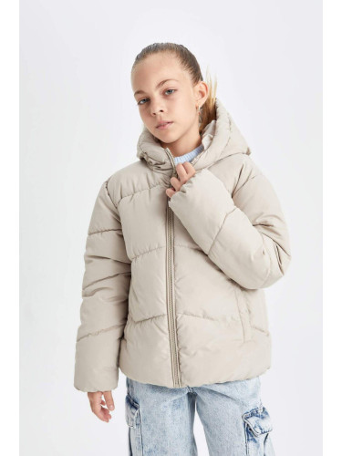 DEFACTO Girl Water Repellent Windproof Hooded Pocket Zipper Closure Puffer Jacket