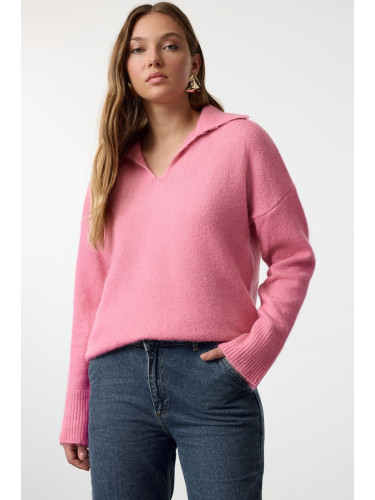 Trendyol Pink Wool Wide Pattern Polo Neck Basic Knitwear Sweater