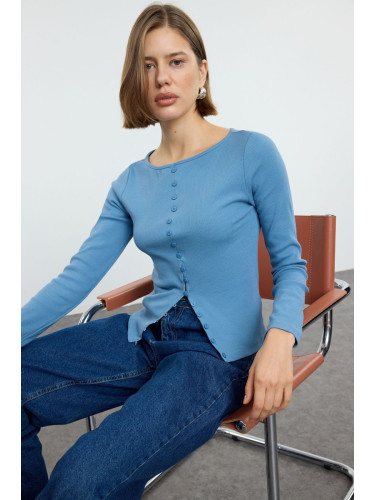 Trendyol Indigo Button Detailed Crew Neck Ribbed Flexible Regular Length Knitted Blouse