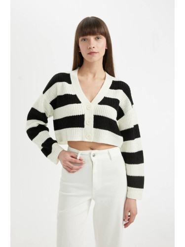 DEFACTO Regular Fit V Neck Striped Button Closure Knitwear Cardigan