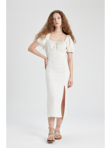 DEFACTO A-Line Gathered Neck Slit White Linen Short Sleeve Midi Dress