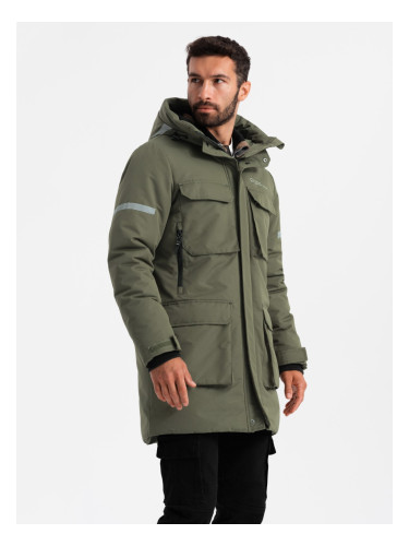 Ombre Men's insulated long jacket with reflective elements - olive