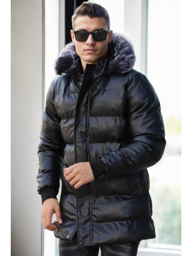 89545 Dewberry Hooded Shiny Mens PU Jacket-BLACK